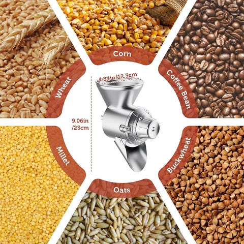 All Metal Grain Mill Attachment For KitchenAid Stand Mixers With Nine Adjustable Grinding Levels Turns Wheat Corn Buckwheat Oats Millet Barley And More Into Fresh Flour Or Meal And Fits Any Power Hub KitchenAid shown with grains