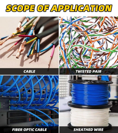 Four images showing wire types: exposed cable, twisted pair, blue fiber optic cables, and blue and white sheathed wire spools.
