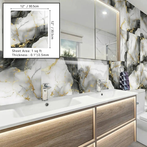 Bathroom with Marble Peel And Stick Backsplash Tiles 12x12 Inches Waterproof PVC Self Adhesive Wall Panels Metallic Gray installed