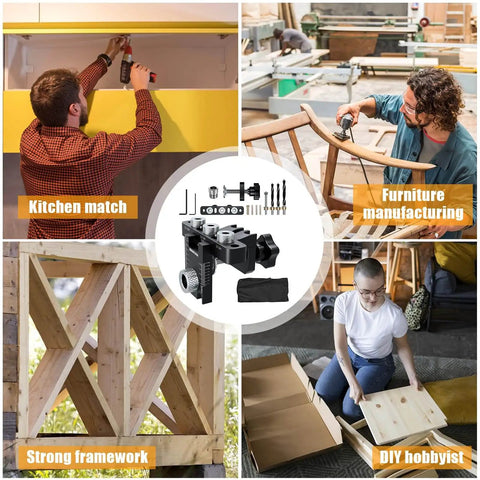 Collage of woodworking projects using Self Centering Doweling Jig Kit For Straight Holes Adjustable Width Woodworking Dowel Jig With Drill Guides Locator Includes 3 Bit Sizes 8 10 15 Mm And 5/16 3/8 19/32 In Pro Grade Aircraft Aluminum Laser Etched Scales Organizer Bag