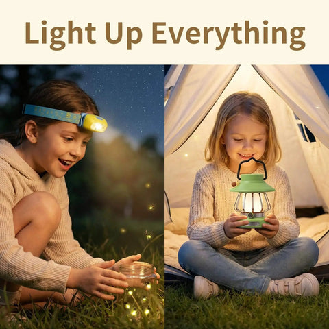 Children using Kid Friendly Motion Sensor Headlamp And Rechargeable Camping Lantern Set With Hands Free Wave Control for camping