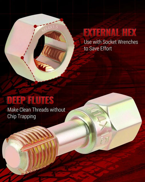 Thread Chaser Set With 22 Taps And 24 Dies For UNC UNF Metric Rethreading, showing external hex and deep flute design.