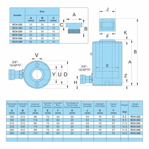 Technical diagram of Beefy 30 Ton Hollow Hydraulic Cylinder Jack specifications and dimensions.