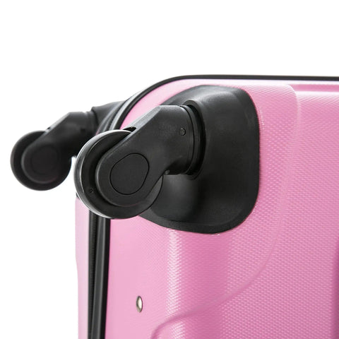 Close-up of spinner wheels on a Durable Pink 20 Inch Carry On Lightweight Hardside Luggage With Spinner Wheels And Trolley Handle From InUSA