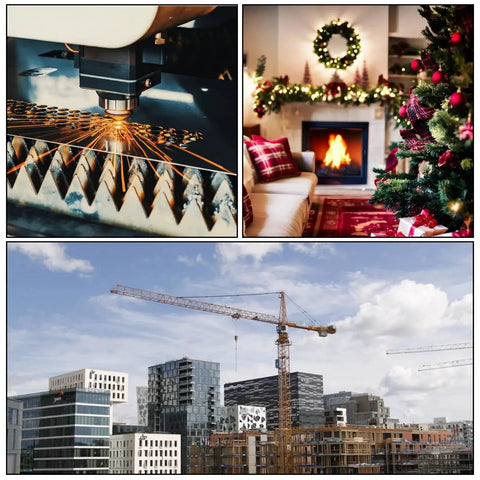Collage of laser cutting, cozy Christmas living room, and city skyscrapers under construction.