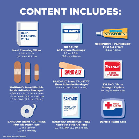 Contents of Travel Ready 80-Piece First Aid Kit, featuring Band-Aid Brand wound care supplies, Neosporin, Tylenol, and compact case.