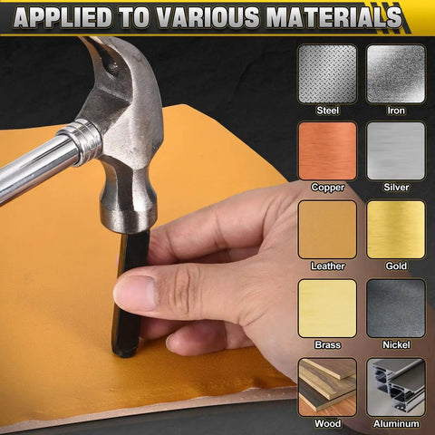 Hand using hammer and stamp from 36-Piece Metal Stamping Kit For DIY Projects And Jewelry Making on leather, showing material applications.