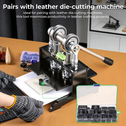 52 Shape Hole Punch Die Set For Leather And Fabric Crafts shown with manual die cutter for DIY projects.