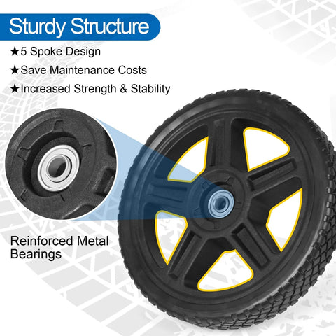 8 Inch Lawn Mower Wheels Kit DIY Friendly Universal 8 Inch Push Mower Wheels With 1/2 Inch Bearing Bolts And Nuts Plastic Replacement Tires front view