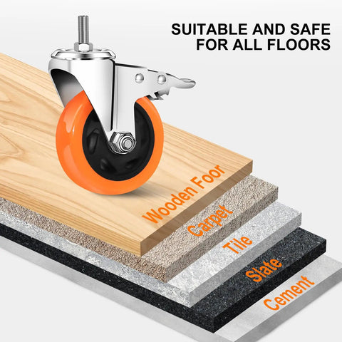 Heavy Duty Stem Casters Swivel Wheels With Threaded Stem Three Eighths Inch By Sixteen Threads By One Inch Thread Dual Locking Brakes Set Of Four For Industrial Machines Tools And Heavy Equipment Mobile Caster Kit on wooden and tile floors.