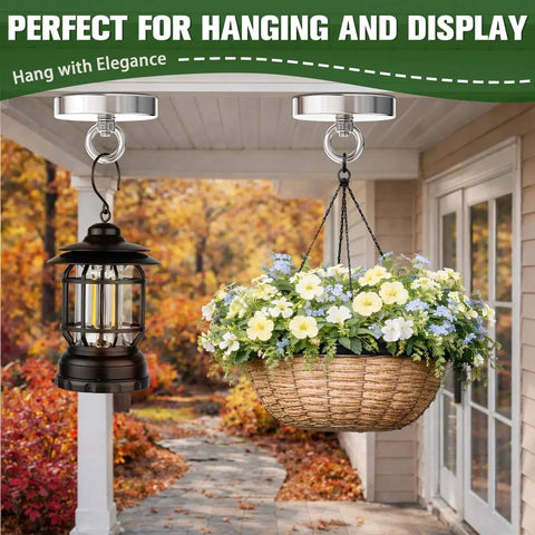 Hanging lamp and flower basket on porch using neodymium fishing magnets with countersunk eyebolt, fall background