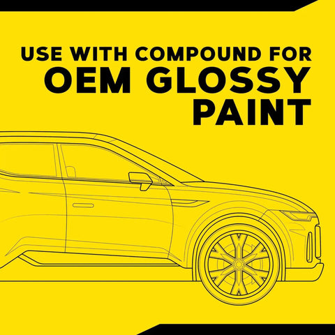 Illustration of car with text highlighting use of DA 5 Inch Microfiber Cutting Disc Set For Dual Action Polisher on OEM glossy paint.
