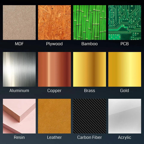 Materials for Out Of The Box Desktop CNC Router With Enclosure For Wood And PCB Milling Auto Z Probing WiFi And App Control Plug In And Carve Easy Great For Polishing Drawing Hobby Woodworking And Light Metal Projects, including MDF, plywood, bamboo, PCB, aluminum, copper, brass, gold, resin, leather, carbon fiber, acrylic.