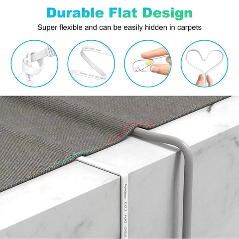 Cat7 Ethernet Cable 15 Ft Flat Patch Cord With Shielded STP RJ45 Connectors, flexible design shown under carpet