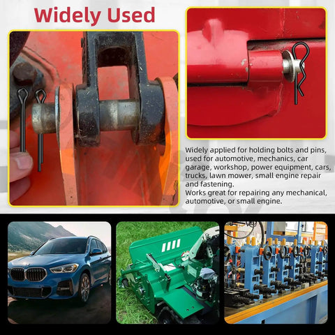 Image showing All-In-One Clevis Pin Kit With 67 Pieces Including Black Clevis Pins In M5 M6 M8 M10 M12 Sizes Plus Zinc Plated Cotter Pins And Hair Pins installed on machinery.