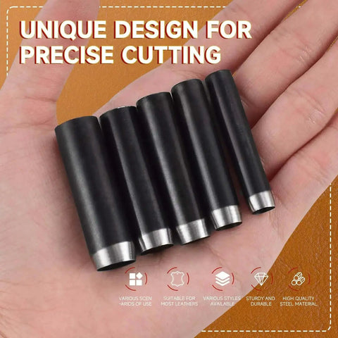 Leather Circle Cutter Set With 10 Round Punch Tools in hand showing black high carbon steel dies for precise cuts