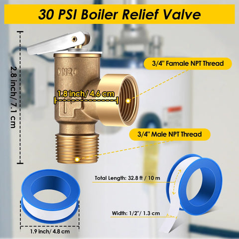 Amazon Gulfmew 30 PSI brass pressure relief valve, 3/4 in NPT; front view with 2 blue PTFE thread seal tape rolls for hot or cold water