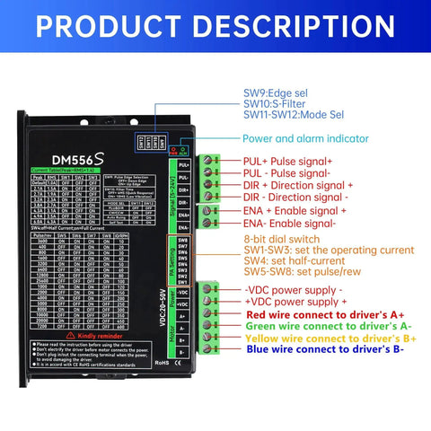 DM556S driver for 4 Axis Nema 23 Stepper Motor Kit 425 Oz Torque with connection guide.