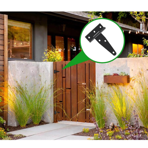 Image showing gate with Eight 4-Inch T-Strap Door Hinges With Mounting Screws, Heavy Duty Iron Hinges For Barn Doors Gates Sheds Or Tee Hinge Applications.