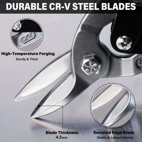 Close-up of Three Pack Aviation Tin Snips for Cutting Metal Sheets with heavy duty CRV steel blades showing serrated edge and thickness.