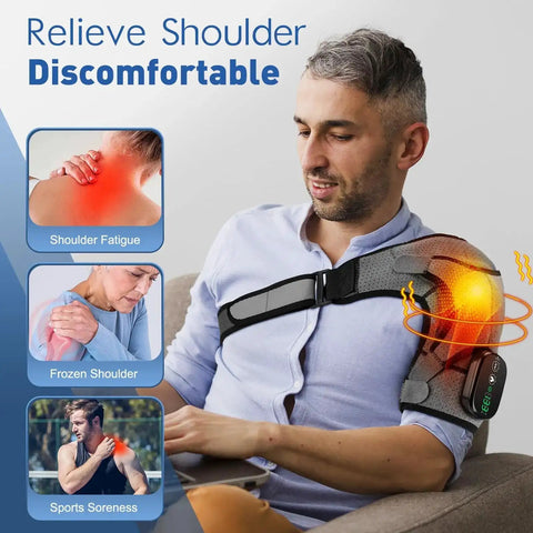 Man using Cordless Shoulder Heating Pad With Heat And Vibration for pain relief, showing benefits for shoulder fatigue, frozen shoulder.