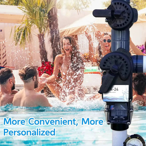 24V Pool Valve Actuator Replacement For Hayward Pentair Jandy installed on pool plumbing; people enjoying pool