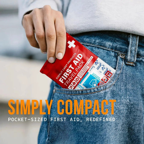 Travel Bandage Pack With 12 Individual Packets And 20 Grab And Go Essentials pocketed in jeans for easy accessibility.