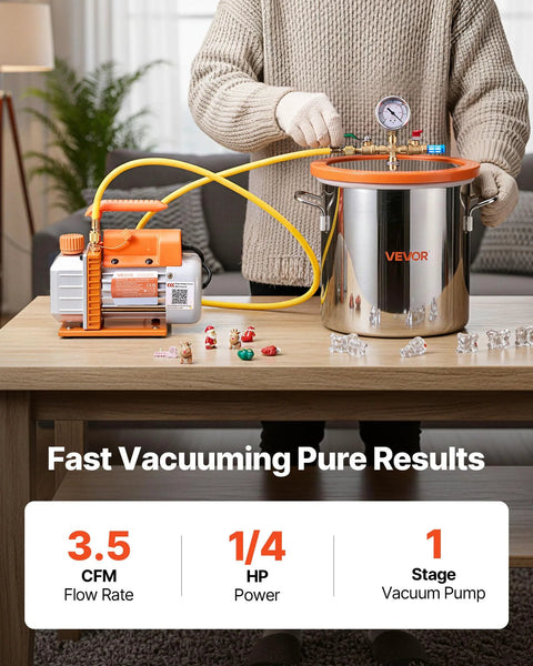 VEVOR 3-Gallon stainless vacuum chamber with orange lid and single-stage pump, 3.5 CFM, 1/4 HP.