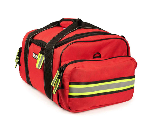 Fully Stocked First Responder Medical Kit For EMTs And Pros With CAT Tourniquet, HyFin Chest Seal, Israeli Bandage, And Over 250 Trauma Supplies HSA FSA Approved By Scherber in a red 600D polyester gear bag.