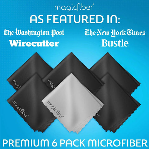 Product display of Six Pack Premium Microfiber Cleaning Cloths for Glasses Lenses Screens and More, featured in top publications.