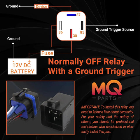 Diagram of Two Pack 4 Pin 40 30 Amp 12V DC Waterproof Relay Kit with Normally OFF relay, ground trigger, and automotive relay harness.