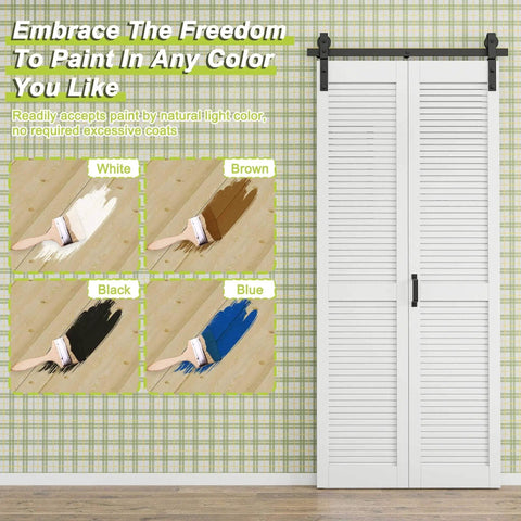 40x84 Inch Bifold Barn Door With 44 Inch Track Hardware Kit Included Preassembled MDF Panel PVC Surface Bi Fold Door For Closet Pantry Laundry Easy To Install Louver Folding Closet Doors White Space Saving Sliding Door shown with paint color options white, brown, black, and blue.