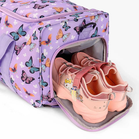 Girls Tie Dye Rolling Duffle Bag 22 Inch Purple Luggage with Wheels and Hidden Shoe Pocket U Shaped Top Opening for Teens
