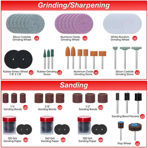 Image showing grinding and sanding accessories of the Ultimate 508 Piece Rotary Tool Accessories Kit for DIY projects by SHALL.