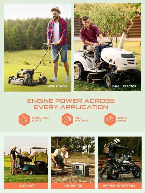 Collage of lawn mower, small tractor, golf cart, generator, and mini motorcycle in outdoor settings labeled for power application.