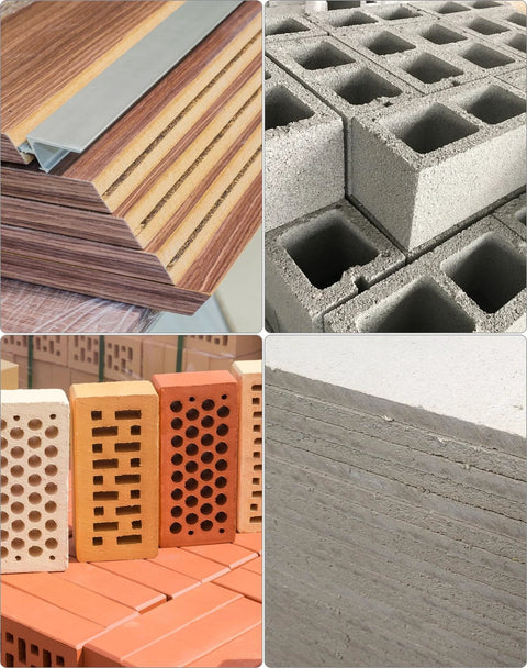 Composite image of wood panels, cinder blocks, perforated bricks, and drywall sheets for construction and DIY projects.