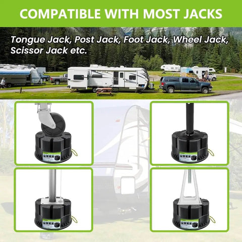 Collage showing 6 Inch Trailer Jack Block Set With Bag 4 Pack Heavy Duty Stabilizer Blocks for different RV jacks at a campsite.