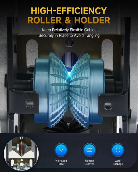 Close-up of manual wire stripper machine roller holder, highlighting V-shaped roller and nonslip grooves for securing cables.