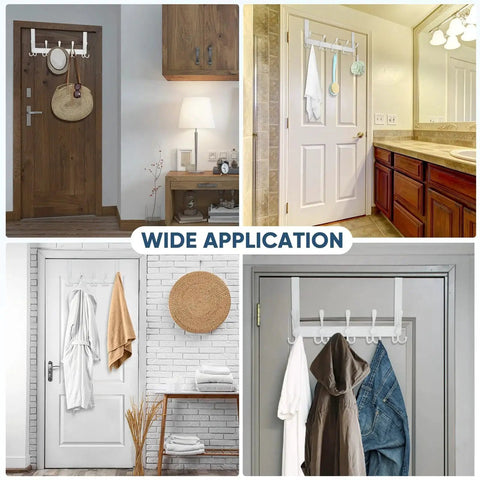 Over The Door Hooks 5 Pack Heavy Duty All Metal Hangers With 11 Lb Capacity shown installed on various interior doors