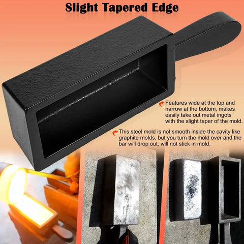 100 Oz Troy Ounce Cast Iron Ingot Mold Loaf Dope For Smelting And Pouring Gold Silver Copper Aluminum Brass Versatile Metal Casting Tool With Durable Handle For Melting And Refining, shown with tapered sides and ergonomic handle.