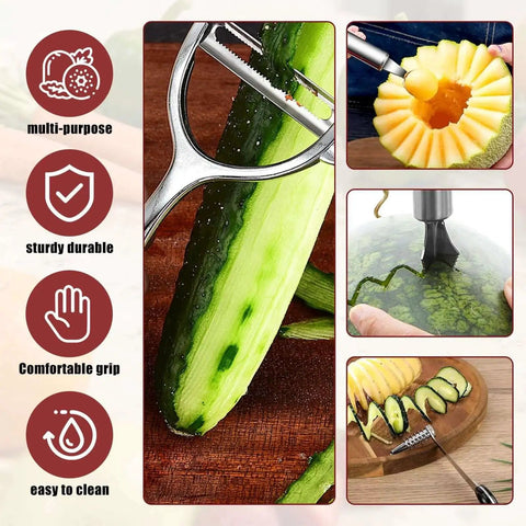 4 In 1 Kitchen Spiral Cutter V Cut Crinkle Knife And Vegetable Peeler Set shown with sliced cucumbers and fruits.