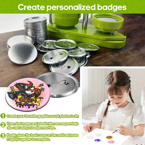 Bulk 300 Pcs 58mm Button Maker Supplies Kit With Blank Rounds, Metal Pin Backs, Metal Covers, and Badge Assembly Process