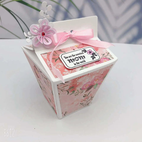 Milk Box Gift Box Die Cut Set for Paper Craft and Scrapbooking, decorated treat box with floral design, pink bow, and mom tag