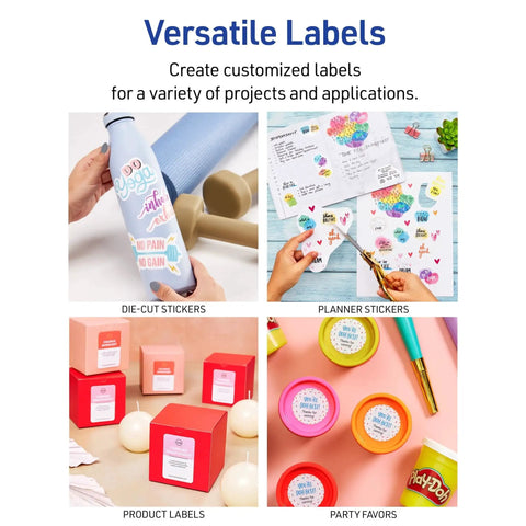 Printable Sticker Paper for Home Projects With Repositionable Adhesive, 8.5 By 11 Inches Matte White, Laser And Inkjet Compatible, Five Full Size Label Sheets, Perfect for Product Branding, Crafts, And Cute Stickers, Avery used for labels and stickers on various products.