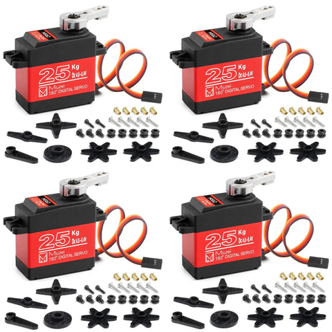Four 25Kg High Torque RC Servo Motors with metal gears, waterproof design, 25T horn, 180-degree steering, suitable for 1/8 and 1/10 RC cars.