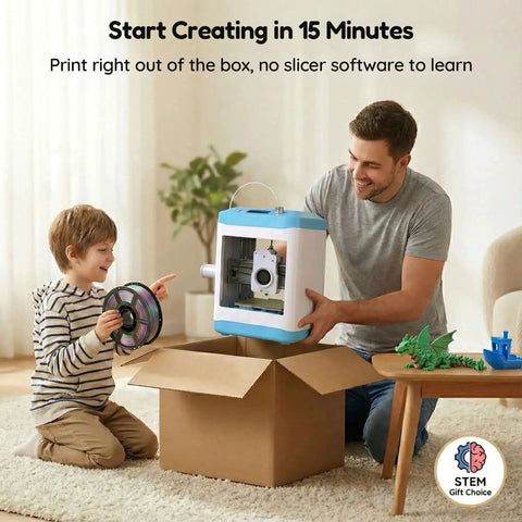 Father and son unboxing Kid Friendly 3D Printer For Beginners With Auto Leveling And High Speed Printing, STEM gift setup scene