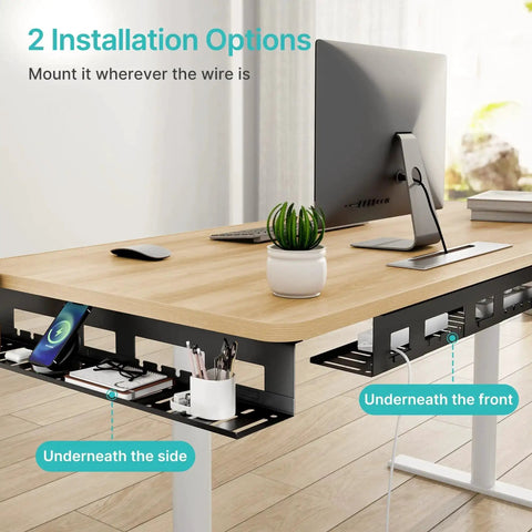 Under Desk Cable Management Tray 31.5 Inch Metal Cord Organizer Rack installed under modern desk with cables