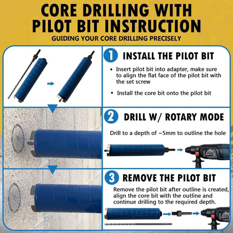 Instruction for using Two And A Half Inch Dry Diamond Core Drill Bits for Brick and Block with Rotary Mode and Pilot Bit.