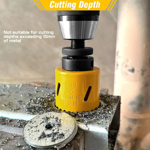 Close-up of Bi Metal Hole Saw Kit 19 Piece Set M42 Steel in use on metal surface with drill mandrel, showing cutting depth limitation.