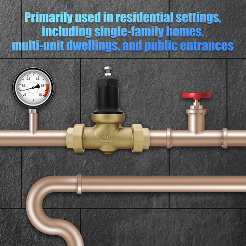 Brass pressure reducing valve with black adjustment cap on copper pipe, 1-1/4 in NPT connections